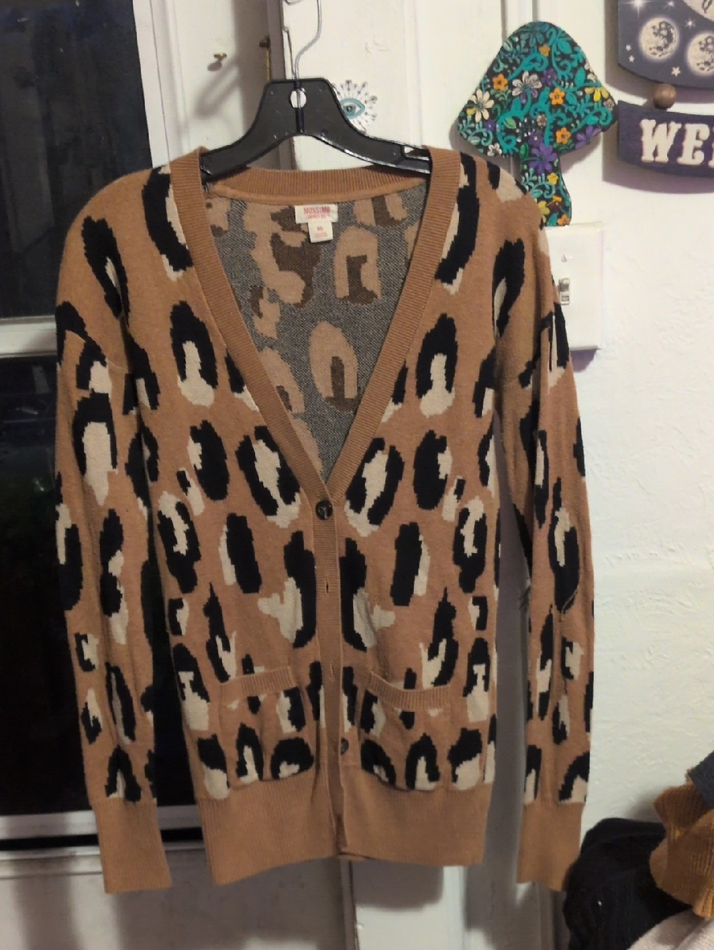 Massimo Leopard Print V-Neck Cardigan - Tan/Black/Cream